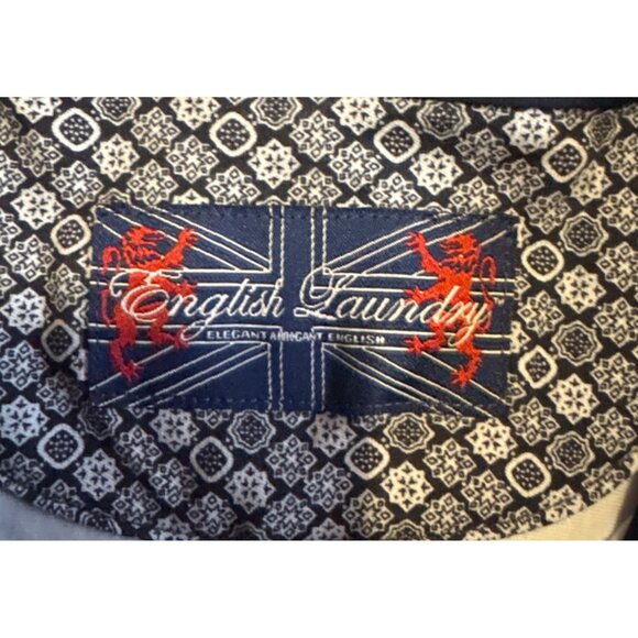 English Laundry Dress Shirt Men XXL Long Sleeve Button Down Geometric Navy White - Picture 5 of 9